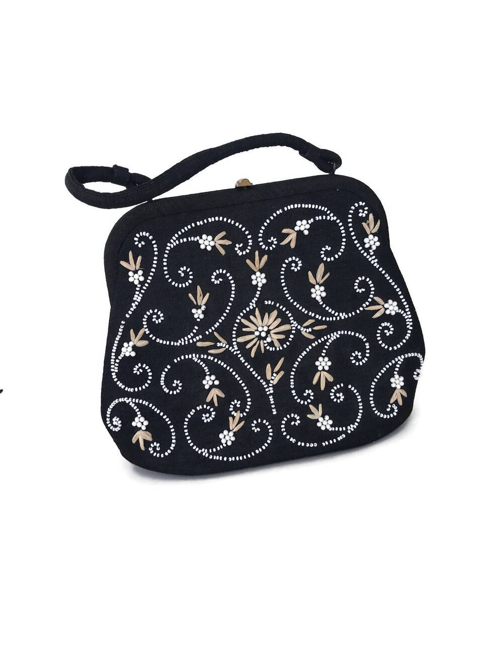 Vintage Soure New York Beaded Handbag: 50s-60s Black Fabric Top Handle Bag
